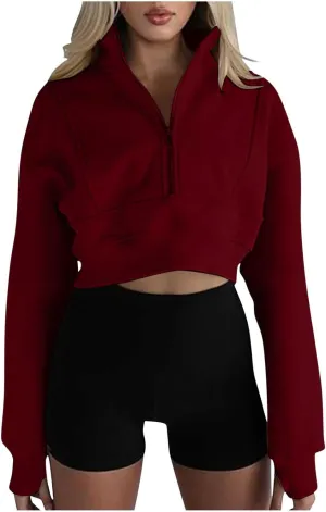 Women's Half Zipper Cropped Sweatshirts Casual High Neck Long Sleeve Pullover Y2K Crop Workout Tops with Thumb Hole