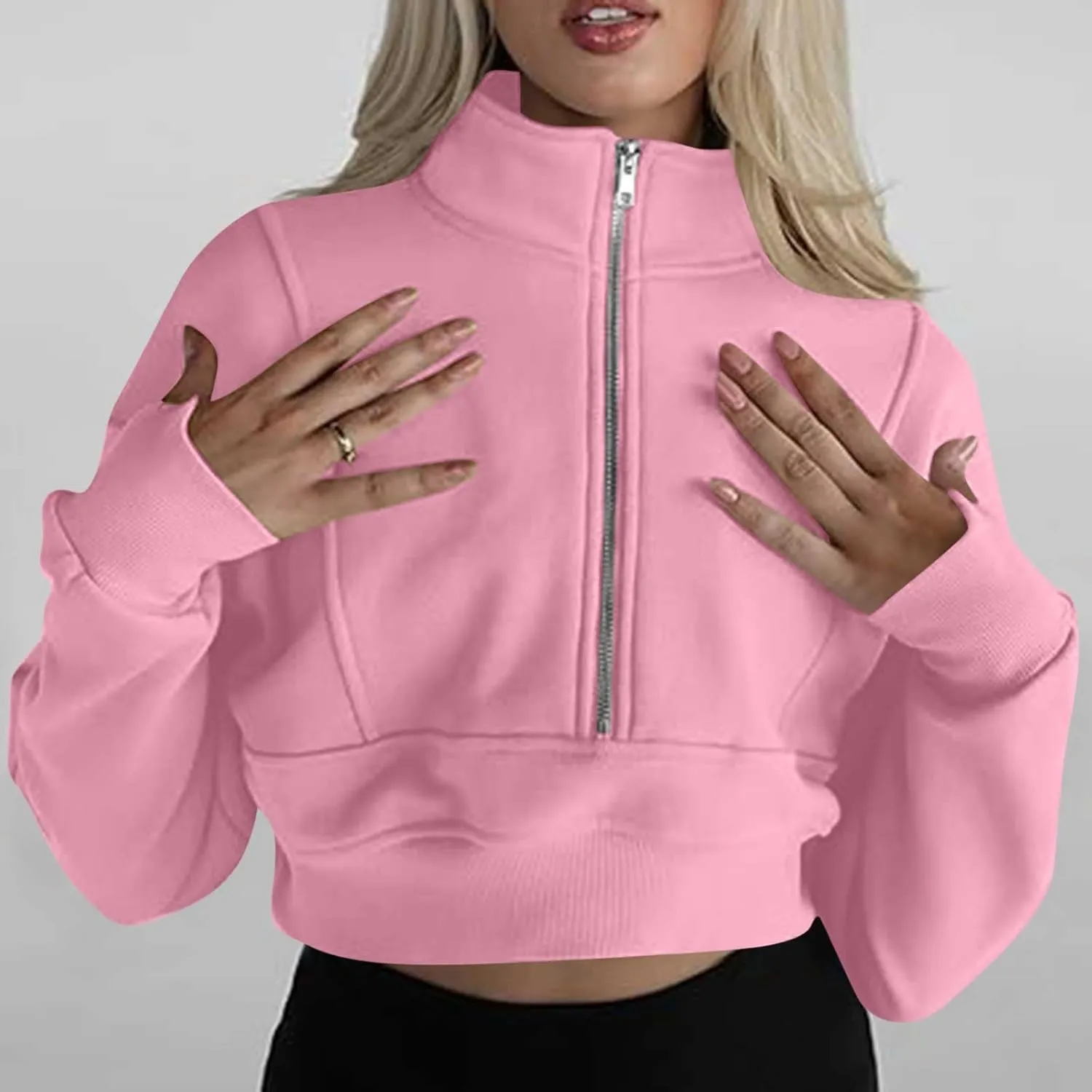 Women's Half Zipper Cropped Sweatshirts Casual High Neck Long Sleeve Pullover Y2K Crop Workout Tops with Thumb Hole