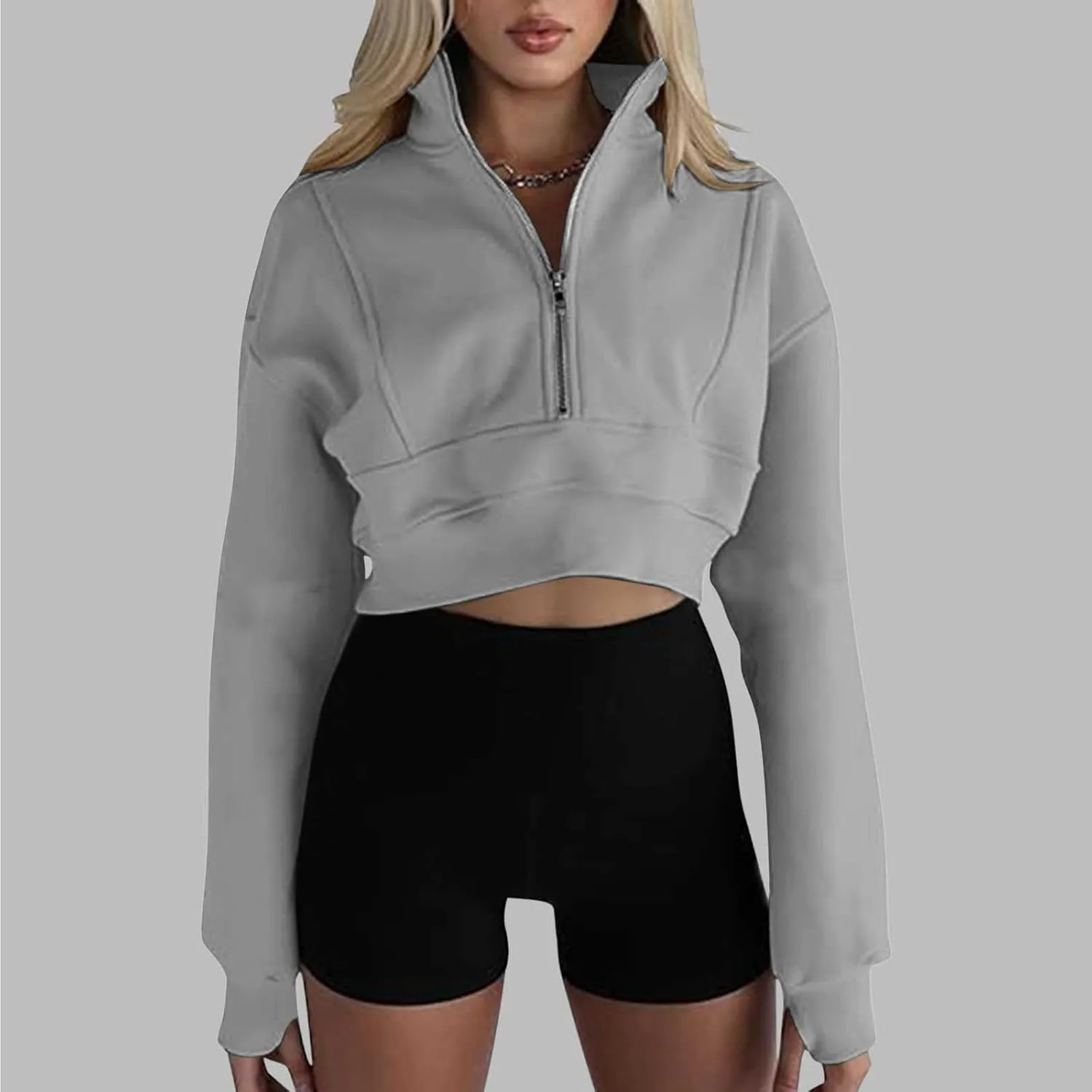 Women's Half Zipper Cropped Sweatshirts Casual High Neck Long Sleeve Pullover Y2K Crop Workout Tops with Thumb Hole