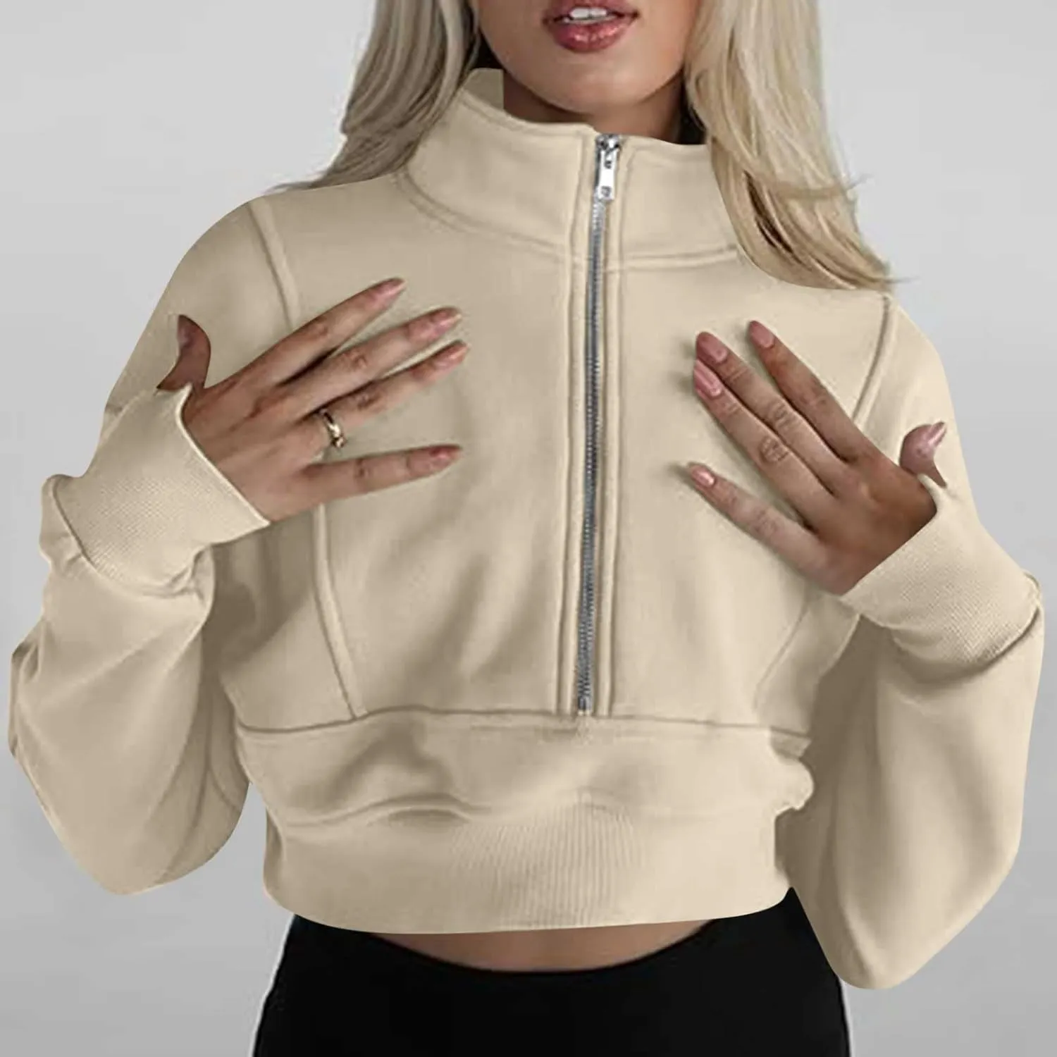 Women's Half Zipper Cropped Sweatshirts Casual High Neck Long Sleeve Pullover Y2K Crop Workout Tops with Thumb Hole