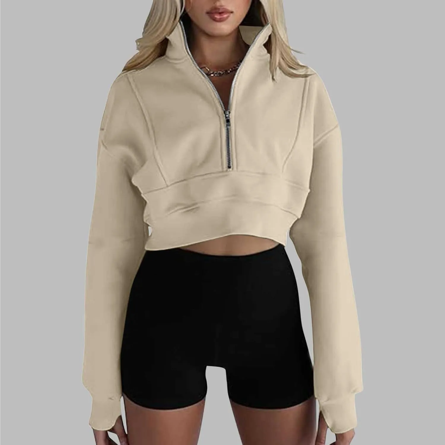 Women's Half Zipper Cropped Sweatshirts Casual High Neck Long Sleeve Pullover Y2K Crop Workout Tops with Thumb Hole