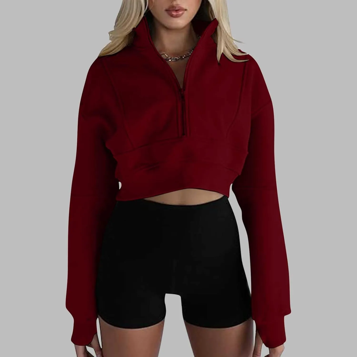 Women's Half Zipper Cropped Sweatshirts Casual High Neck Long Sleeve Pullover Y2K Crop Workout Tops with Thumb Hole