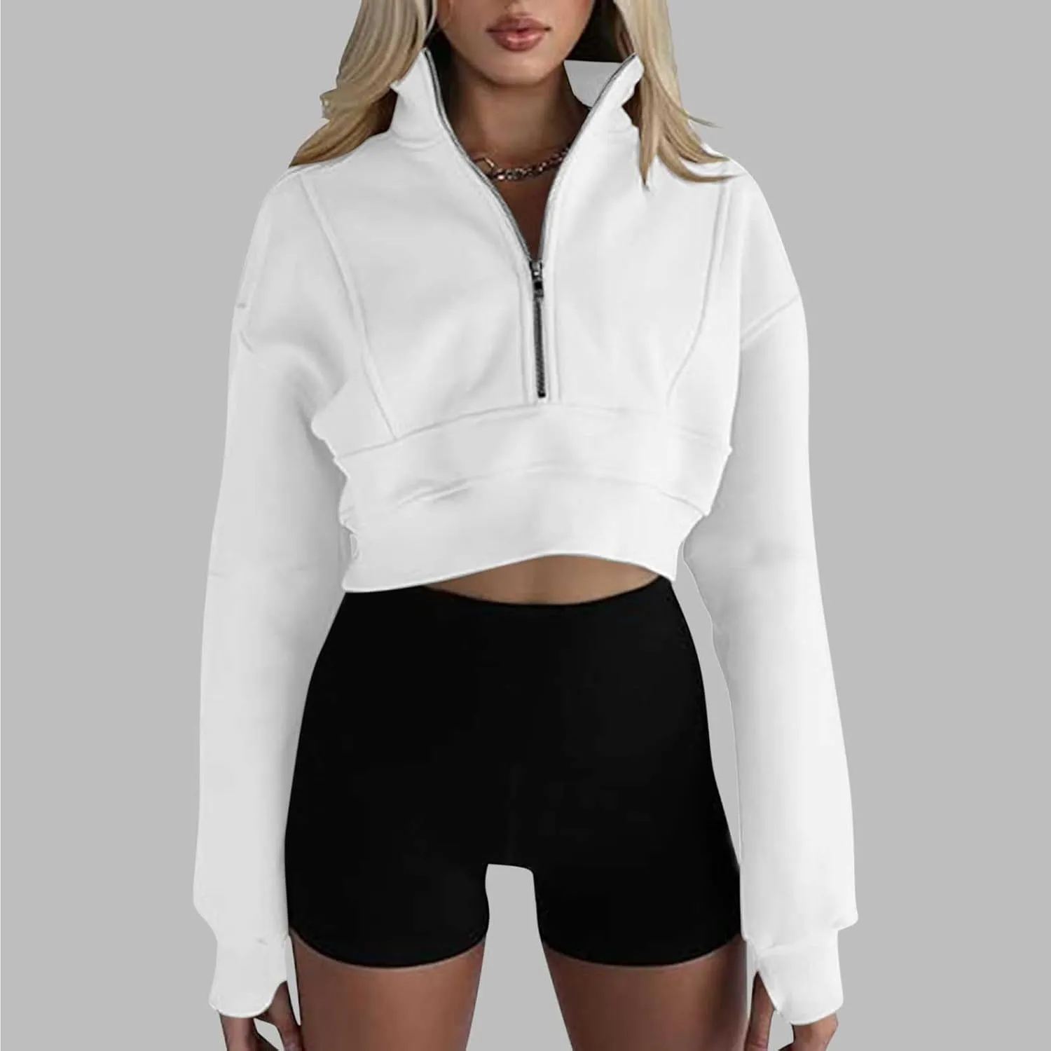 Women's Half Zipper Cropped Sweatshirts Casual High Neck Long Sleeve Pullover Y2K Crop Workout Tops with Thumb Hole