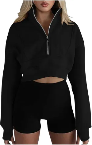 Women's Half Zipper Cropped Sweatshirts Casual High Neck Long Sleeve Pullover Y2K Crop Workout Tops with Thumb Hole