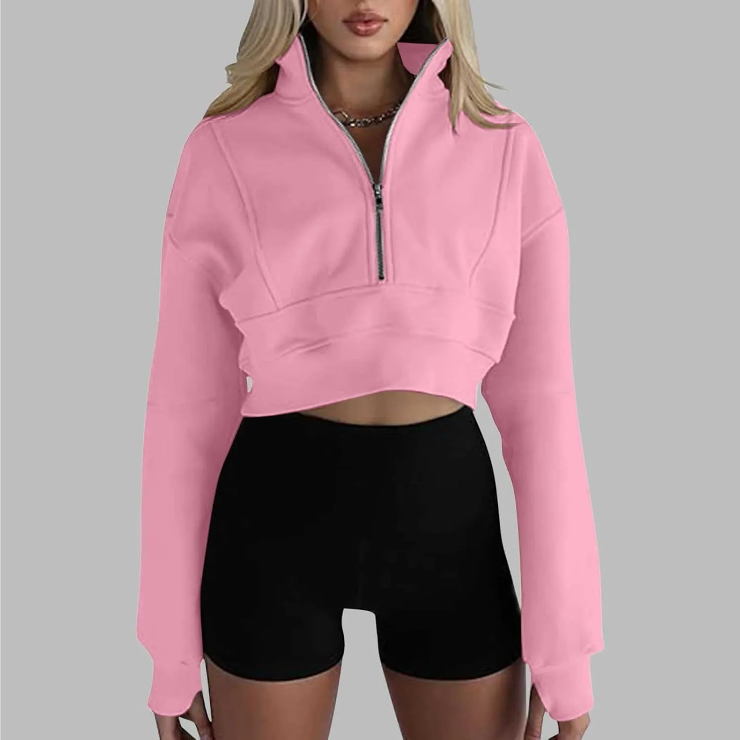 Women's Half Zipper Cropped Sweatshirts Casual High Neck Long Sleeve Pullover Y2K Crop Workout Tops with Thumb Hole