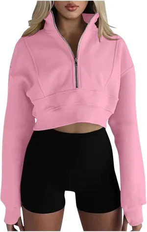 Women's Half Zipper Cropped Sweatshirts Casual High Neck Long Sleeve Pullover Y2K Crop Workout Tops with Thumb Hole