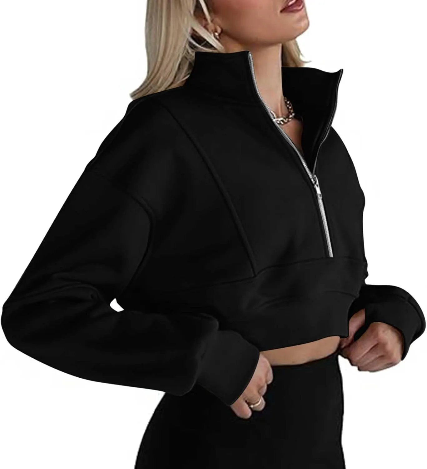 Women's Half Zipper Cropped Sweatshirts Casual High Neck Long Sleeve Pullover Y2K Crop Workout Tops with Thumb Hole