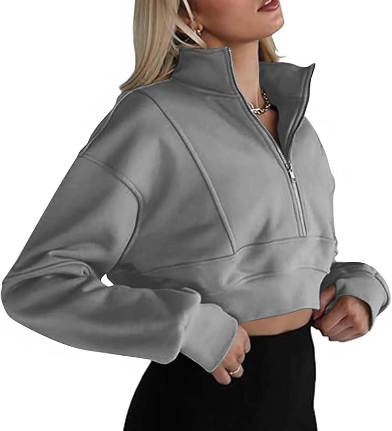 Women's Half Zipper Cropped Sweatshirts Casual High Neck Long Sleeve Pullover Y2K Crop Workout Tops with Thumb Hole