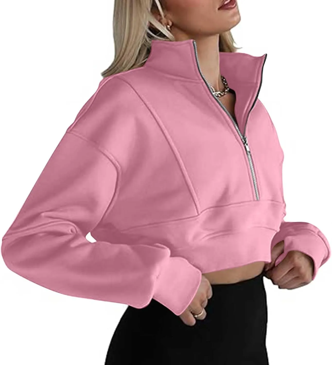 Women's Half Zipper Cropped Sweatshirts Casual High Neck Long Sleeve Pullover Y2K Crop Workout Tops with Thumb Hole