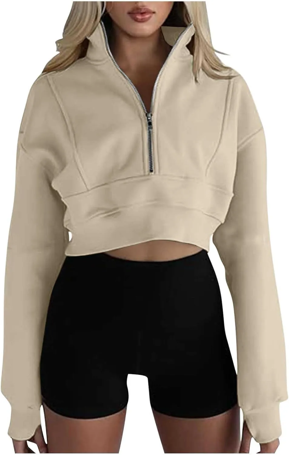 Women's Half Zipper Cropped Sweatshirts Casual High Neck Long Sleeve Pullover Y2K Crop Workout Tops with Thumb Hole