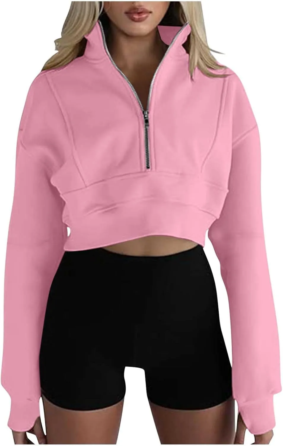 Women's Half Zipper Cropped Sweatshirts Casual High Neck Long Sleeve Pullover Y2K Crop Workout Tops with Thumb Hole