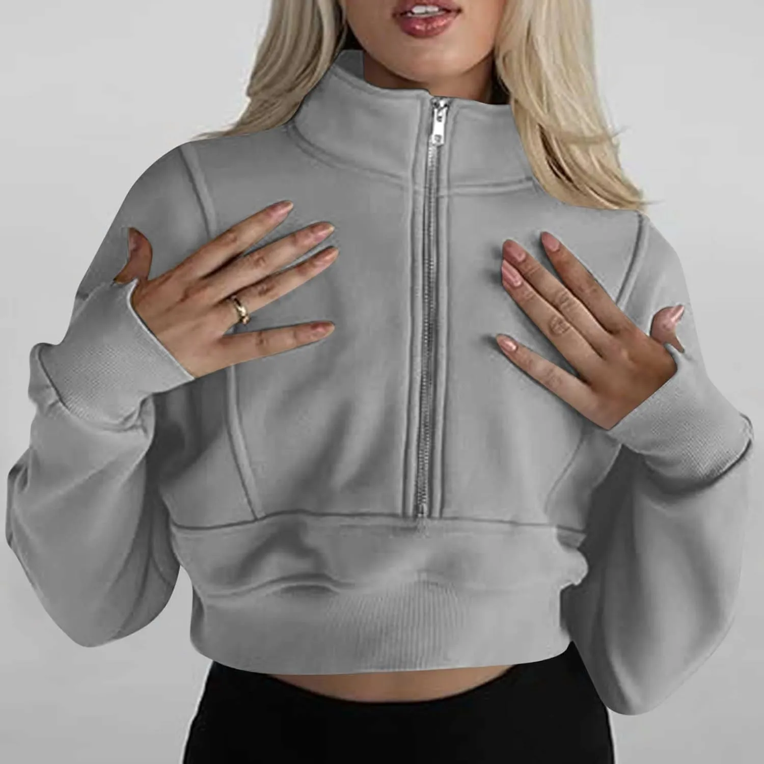 Women's Half Zipper Cropped Sweatshirts Casual High Neck Long Sleeve Pullover Y2K Crop Workout Tops with Thumb Hole