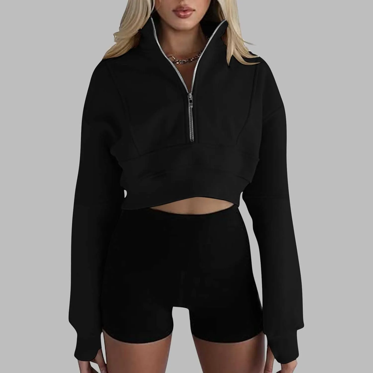 Women's Half Zipper Cropped Sweatshirts Casual High Neck Long Sleeve Pullover Y2K Crop Workout Tops with Thumb Hole