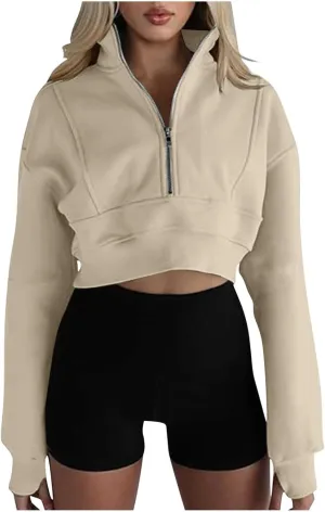 Women's Half Zipper Cropped Sweatshirts Casual High Neck Long Sleeve Pullover Y2K Crop Workout Tops with Thumb Hole