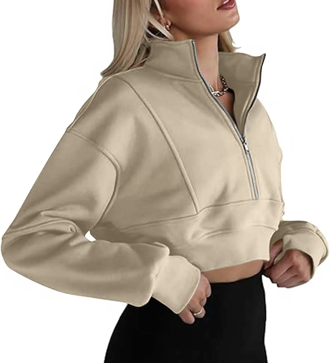 Women's Half Zipper Cropped Sweatshirts Casual High Neck Long Sleeve Pullover Y2K Crop Workout Tops with Thumb Hole