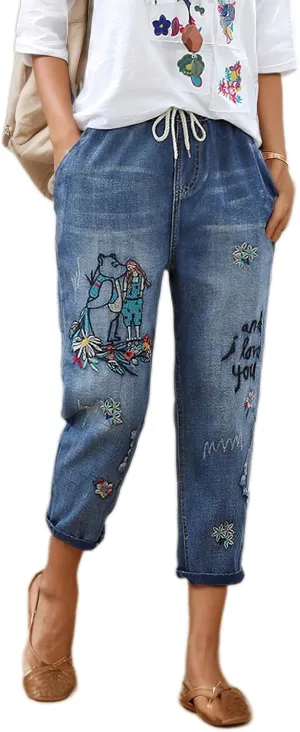 Womens Harem Capri Jeans Vintage High Waist Embroidered Jeans Elastic Lace-Up Boyfriend Denim Pants Casual Trousers