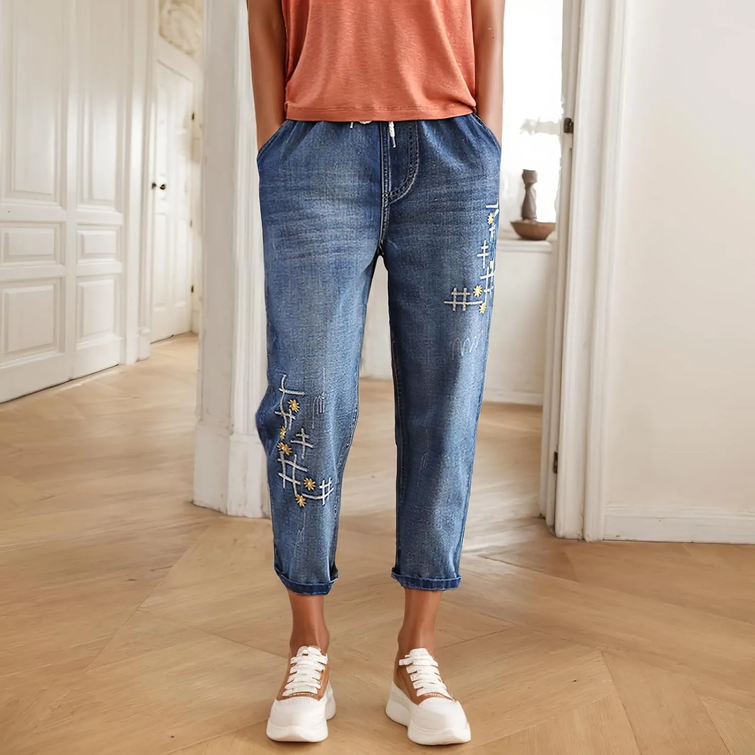 Womens Harem Capri Jeans Vintage High Waist Embroidered Jeans Elastic Lace-Up Boyfriend Denim Pants Casual Trousers