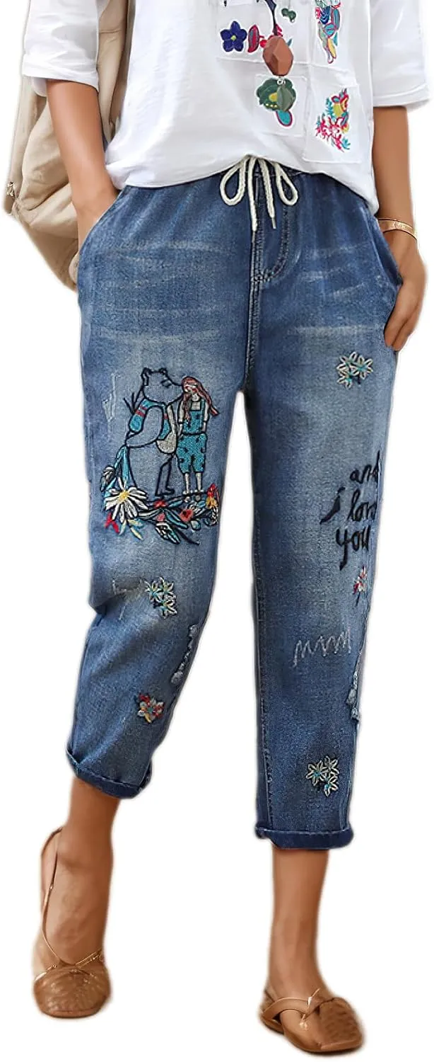 Womens Harem Capri Jeans Vintage High Waist Embroidered Jeans Elastic Lace-Up Boyfriend Denim Pants Casual Trousers