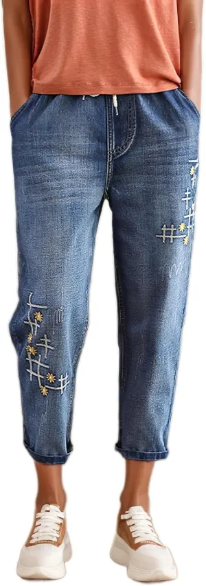 Womens Harem Capri Jeans Vintage High Waist Embroidered Jeans Elastic Lace-Up Boyfriend Denim Pants Casual Trousers