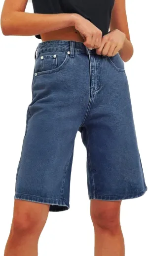 Women's High Waist Ripped Denim Shorts Frayed Hem Destroyed Mid Thigh Wide Leg Short Jeans Shorts with Pockets