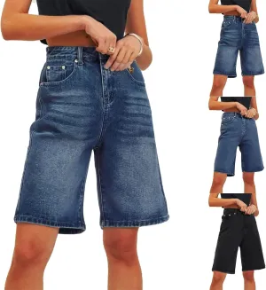 Women's High Waist Ripped Denim Shorts Frayed Hem Destroyed Mid Thigh Wide Leg Short Jeans Shorts with Pockets
