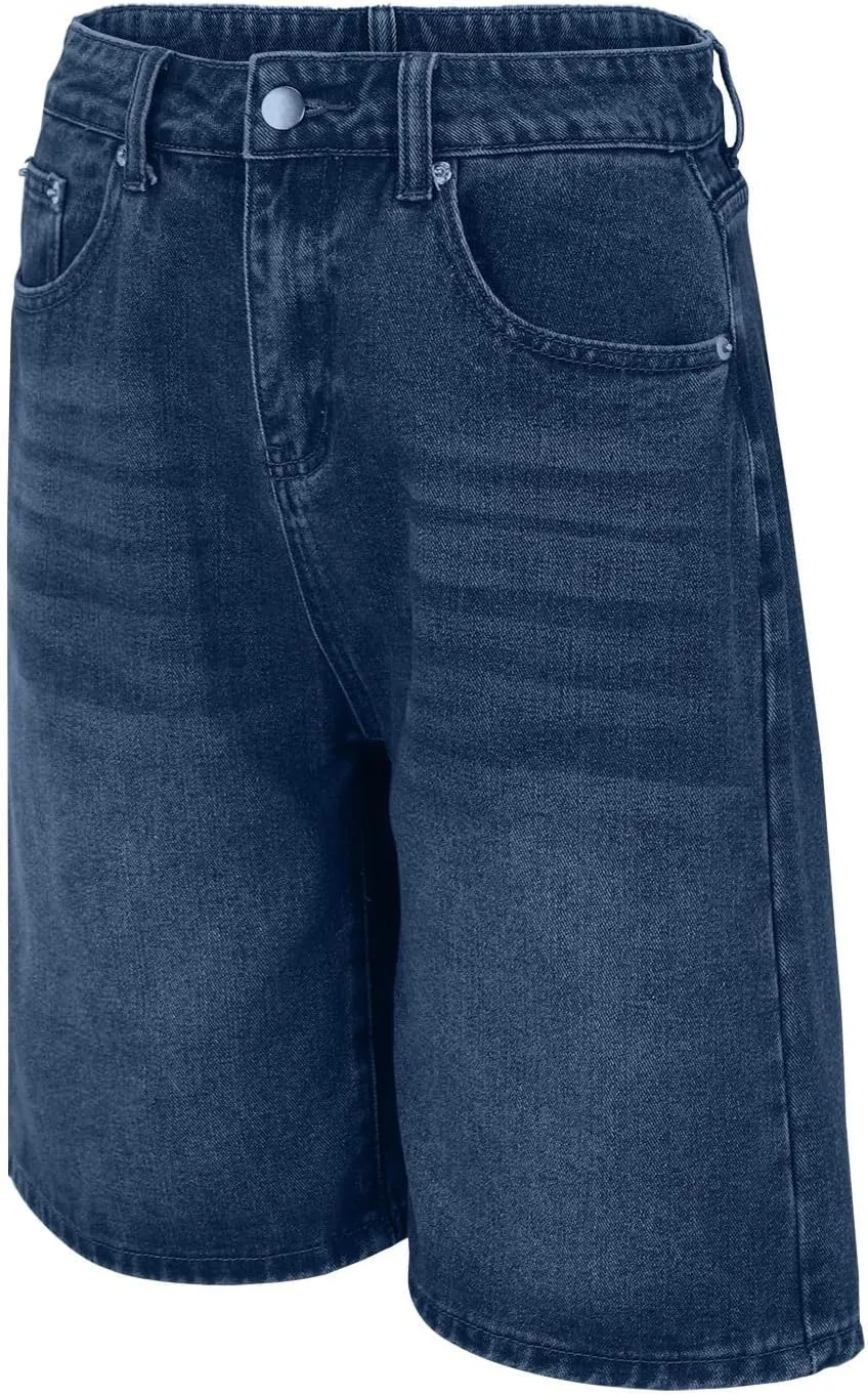 Women's High Waist Ripped Denim Shorts Frayed Hem Destroyed Mid Thigh Wide Leg Short Jeans Shorts with Pockets