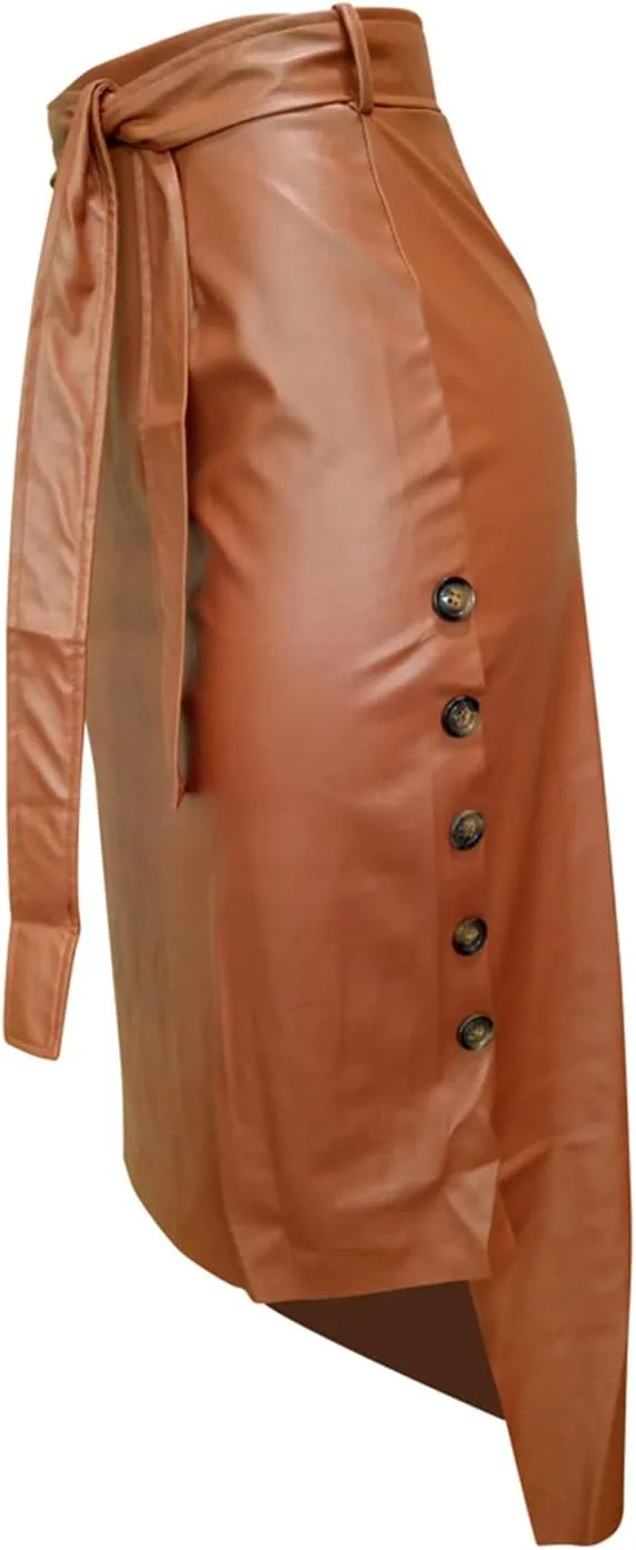 Womens High Waisted Belted Leather Pencil Skirt Side Button Split Faux Leather Work Midi Skirt Wrap