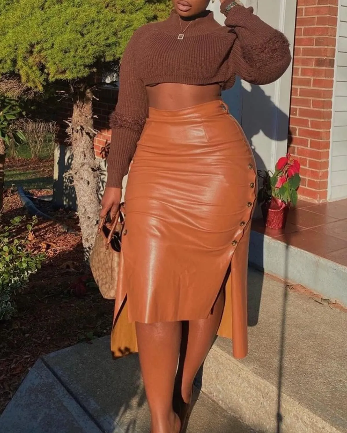 Womens High Waisted Belted Leather Pencil Skirt Side Button Split Faux Leather Work Midi Skirt Wrap