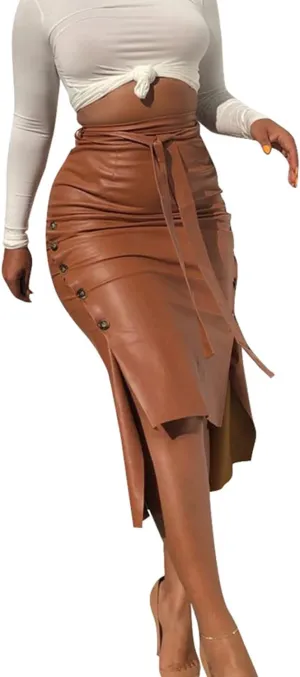 Womens High Waisted Belted Leather Pencil Skirt Side Button Split Faux Leather Work Midi Skirt Wrap