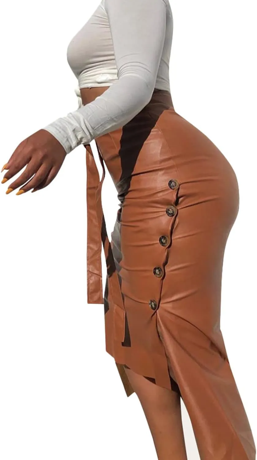 Womens High Waisted Belted Leather Pencil Skirt Side Button Split Faux Leather Work Midi Skirt Wrap