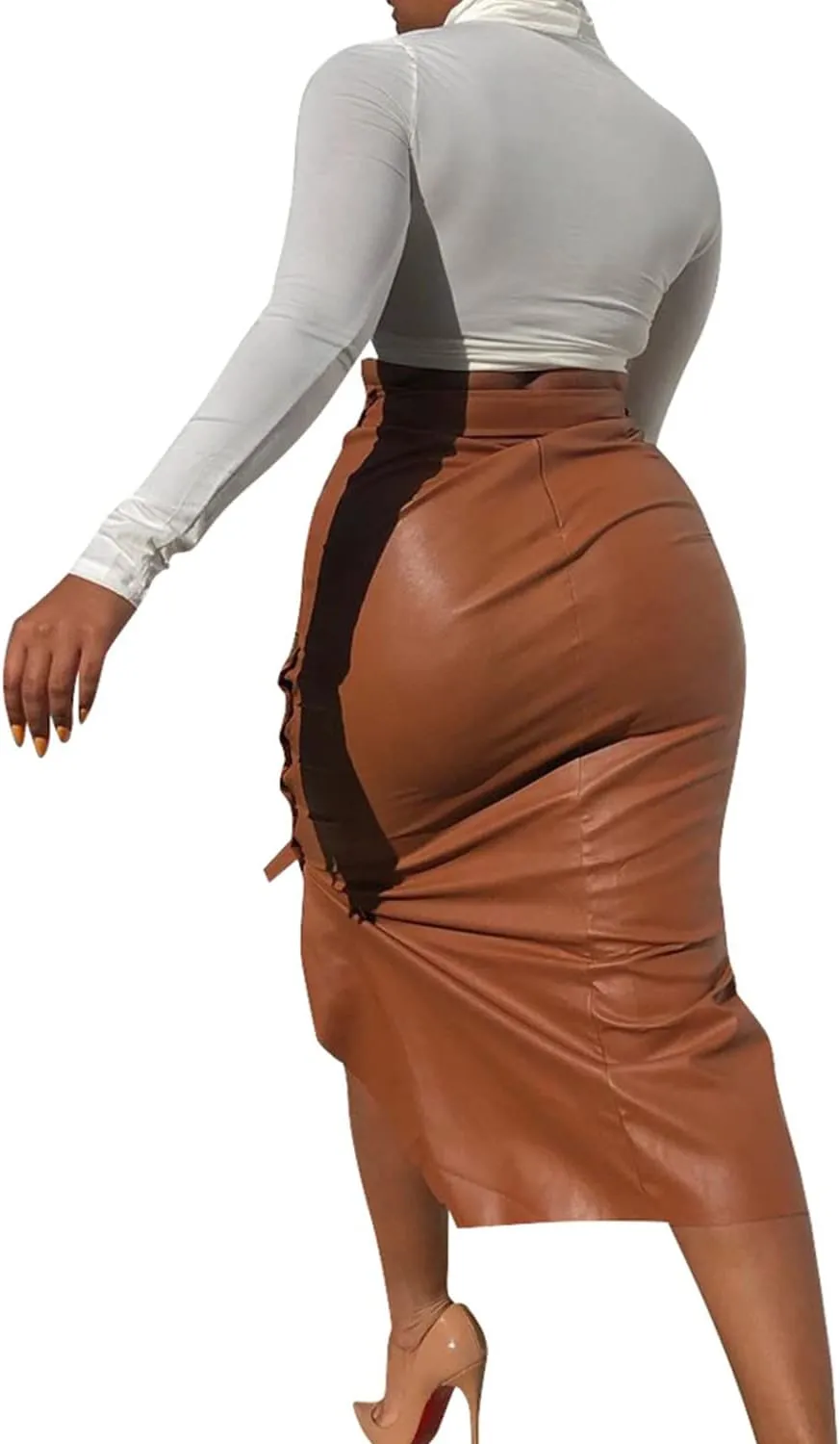 Womens High Waisted Belted Leather Pencil Skirt Side Button Split Faux Leather Work Midi Skirt Wrap