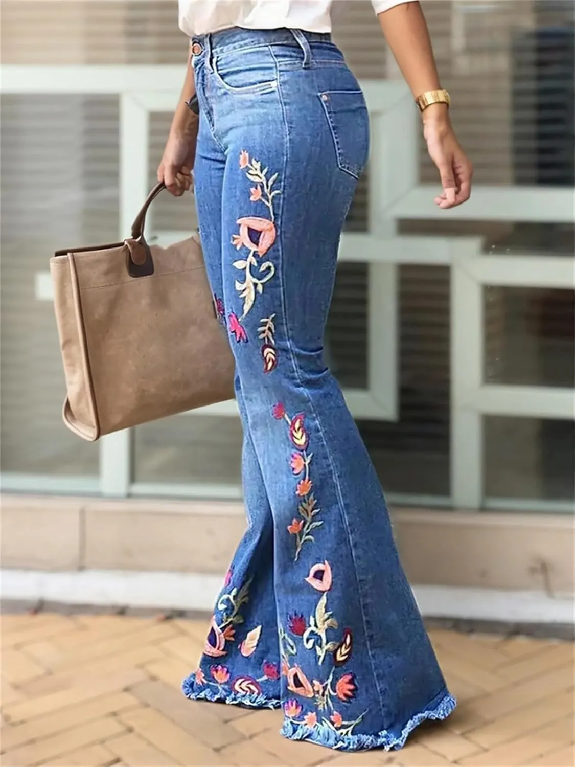 Womens High Waisted Skinny Flare Jeans Floral Embroidery Bell Button Design Stretch Denim Pants with Pockets