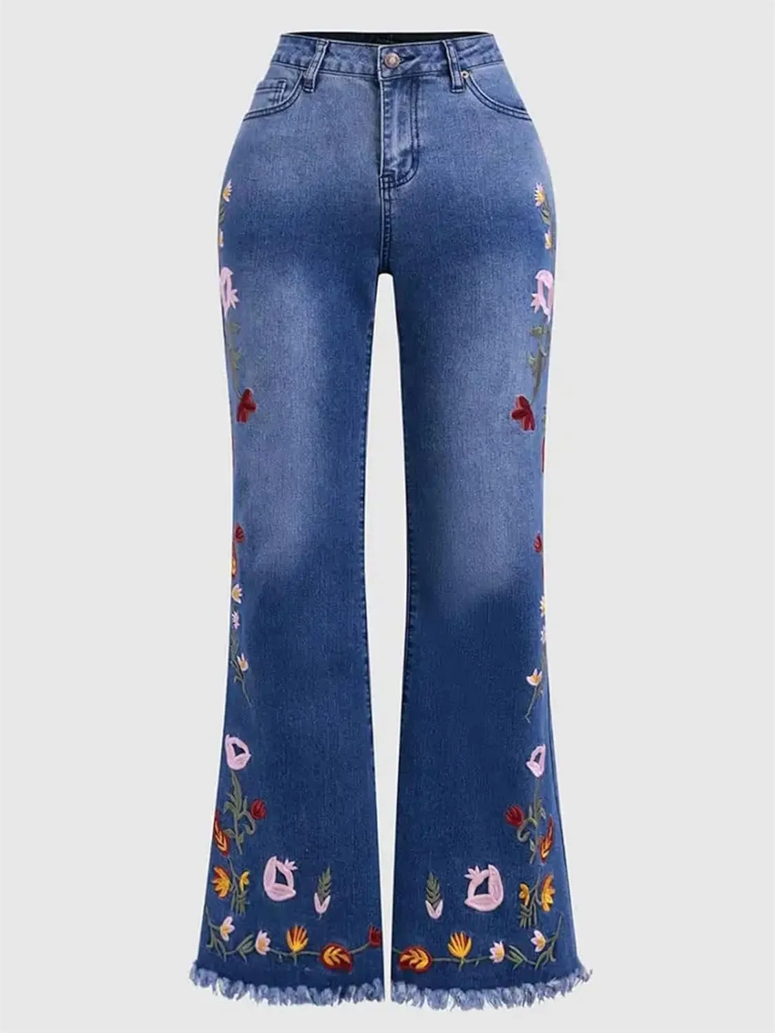 Womens High Waisted Skinny Flare Jeans Floral Embroidery Bell Button Design Stretch Denim Pants with Pockets
