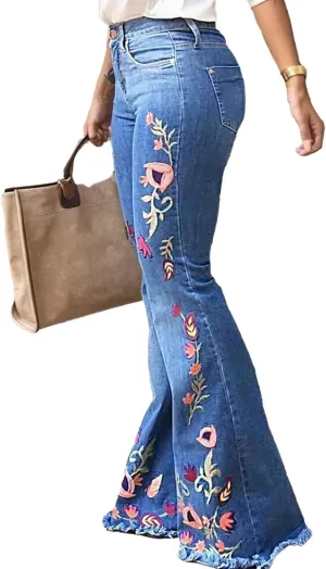 Womens High Waisted Skinny Flare Jeans Floral Embroidery Bell Button Design Stretch Denim Pants with Pockets