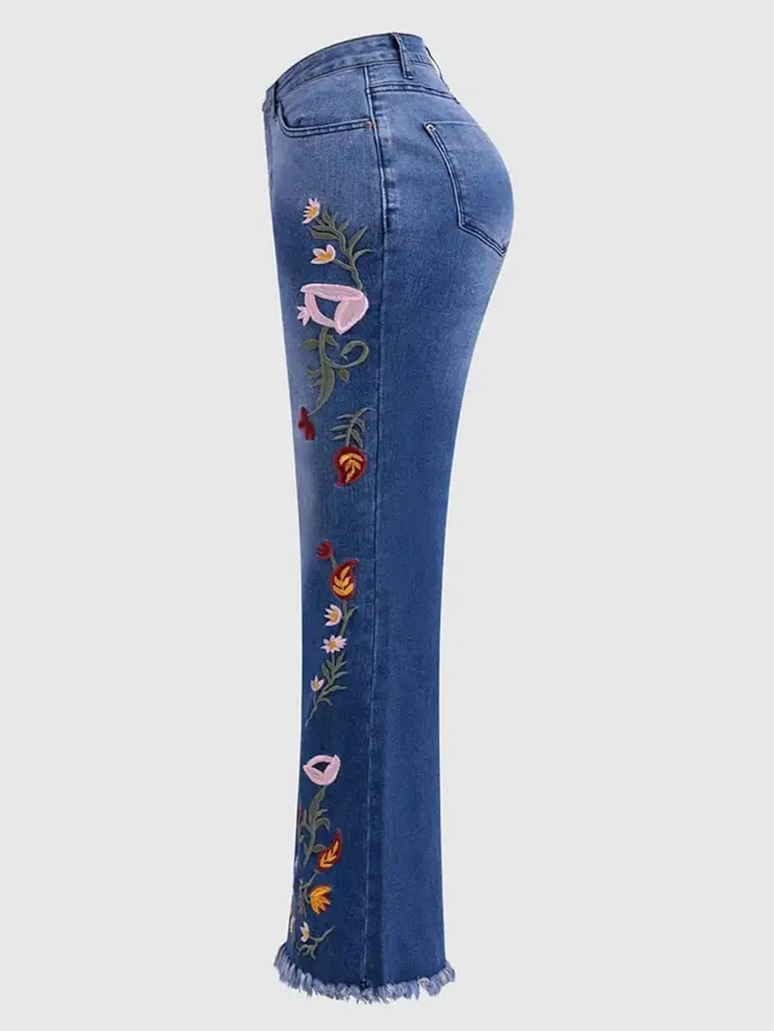 Womens High Waisted Skinny Flare Jeans Floral Embroidery Bell Button Design Stretch Denim Pants with Pockets