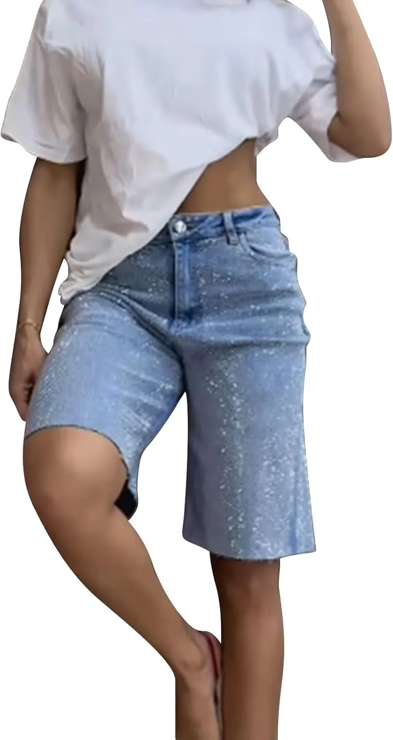 Womens High Waisted Wide Leg Denim Shorts Summer Jean Shorts Plus Size Casual Loose Knee Length Ripped Short Jeans
