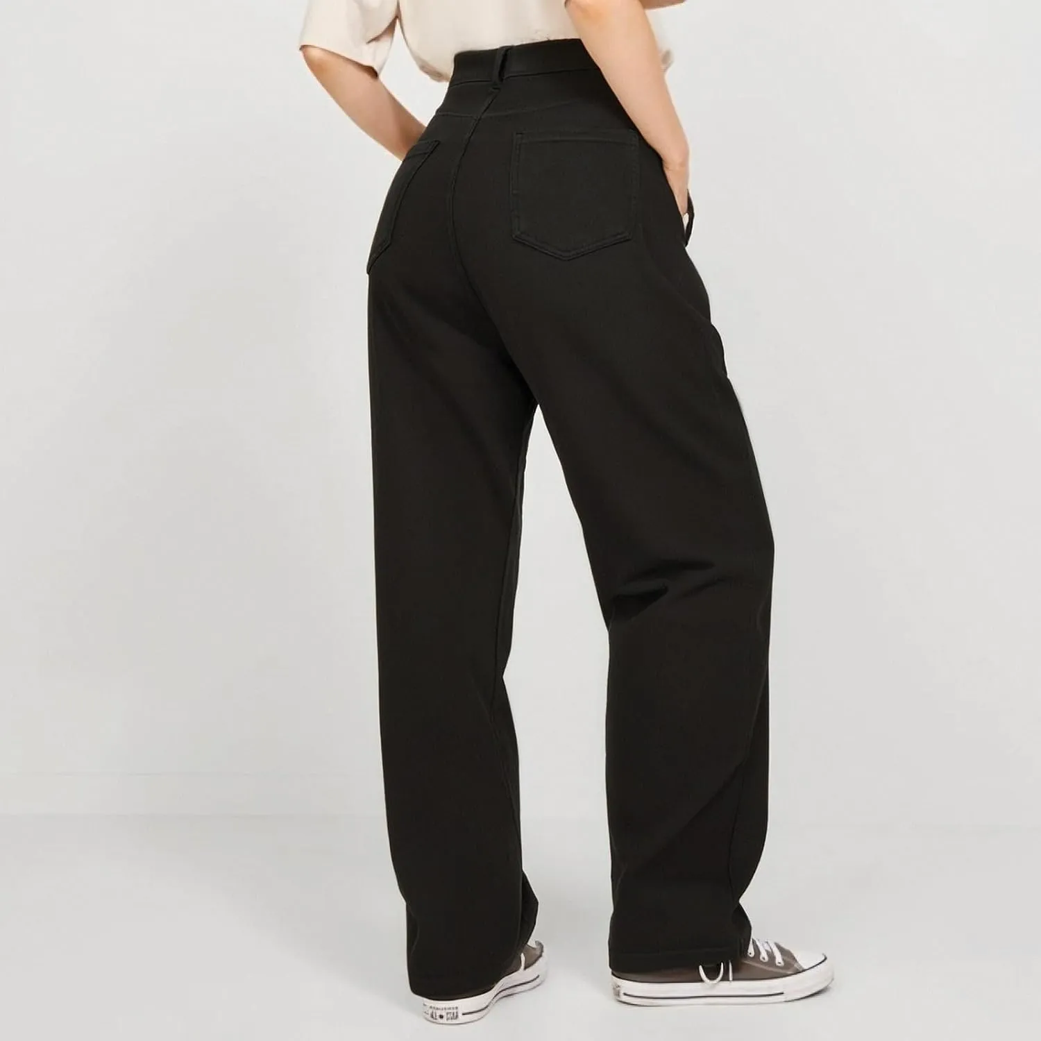 Women's Jeans Dressy Straight Loose Wide Leg Jeans Petite Summer Elastic Waist Soft Denim Pants with Pockets