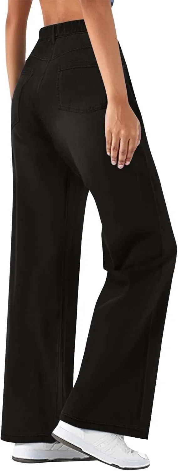 Women's Jeans Dressy Straight Loose Wide Leg Jeans Petite Summer Elastic Waist Soft Denim Pants with Pockets