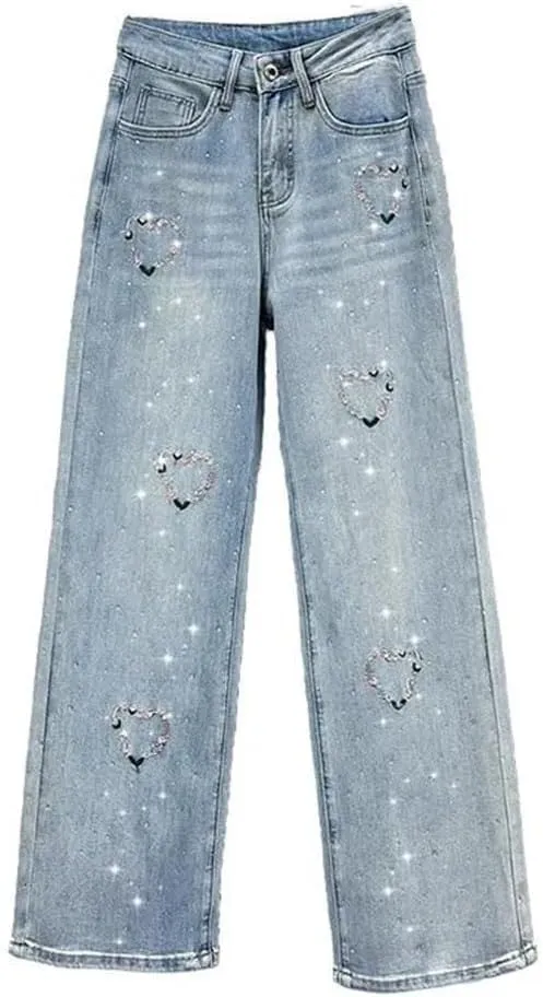 Women's Jeans Heart Embroidered Flower Wreath Diamond Blue Korean Causal Style Denim Pants
