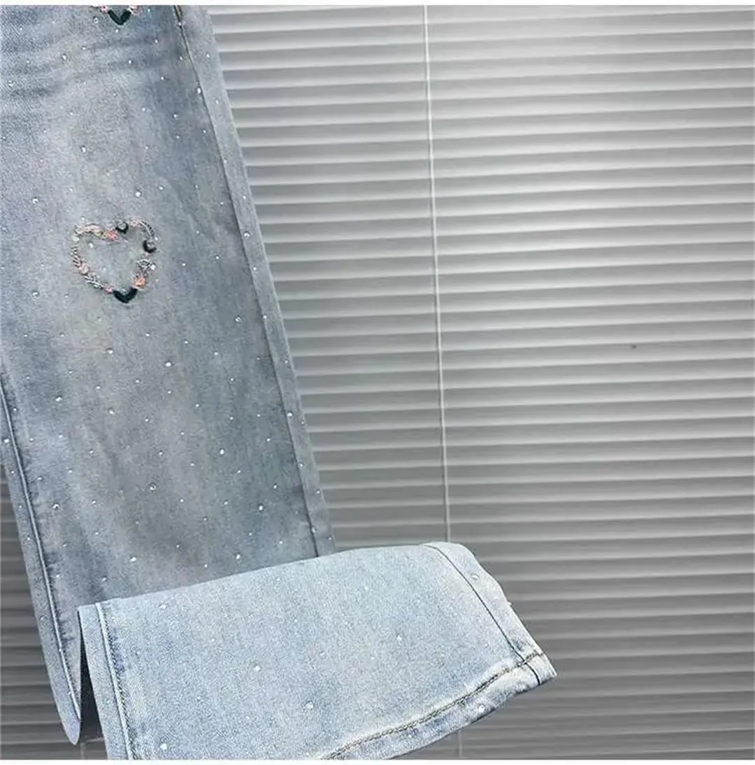 Women's Jeans Heart Embroidered Flower Wreath Diamond Blue Korean Causal Style Denim Pants