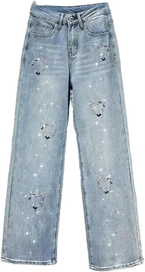 Women's Jeans Heart Embroidered Flower Wreath Diamond Blue Korean Causal Style Denim Pants