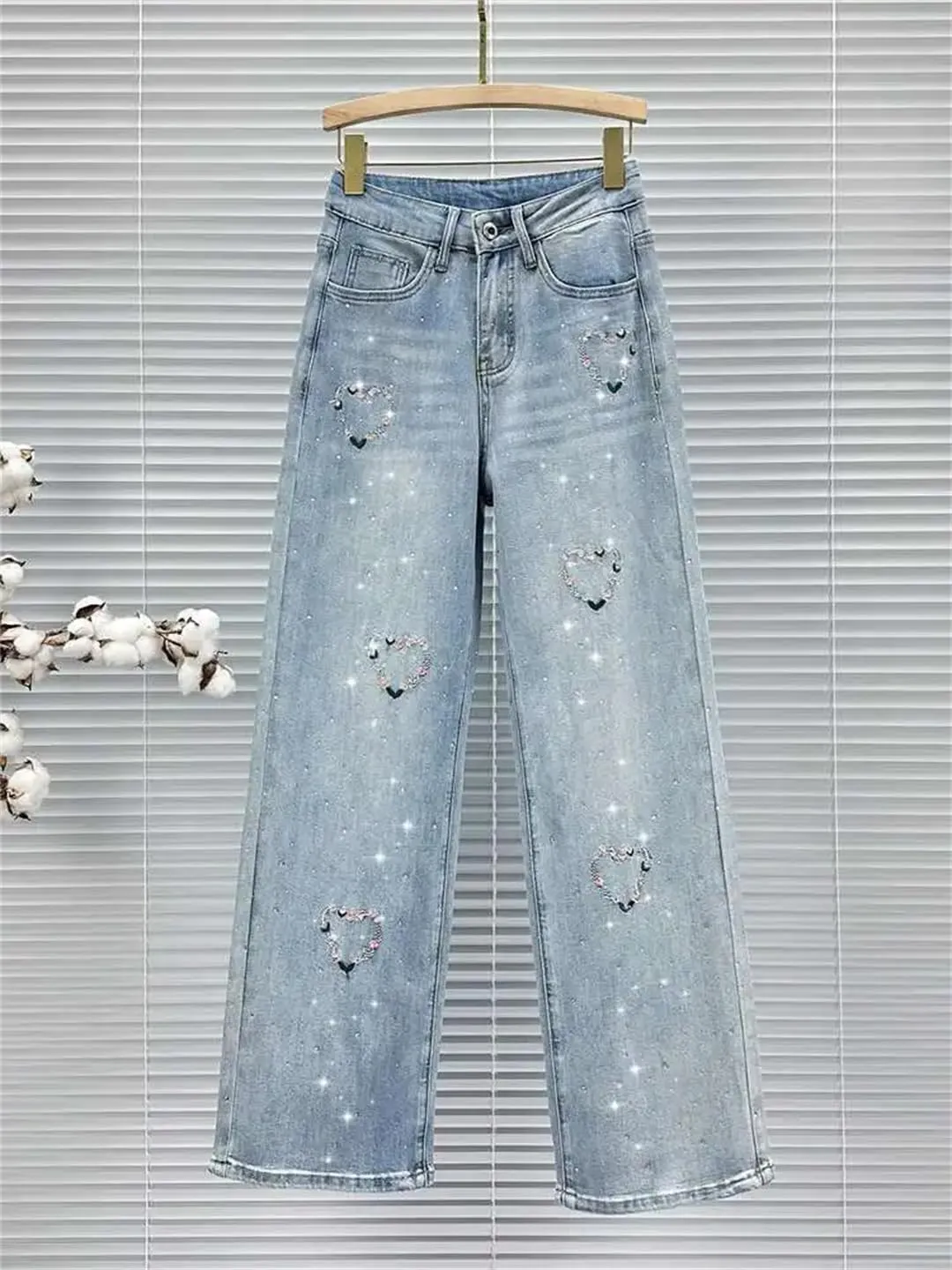 Women's Jeans Heart Embroidered Flower Wreath Diamond Blue Korean Causal Style Denim Pants