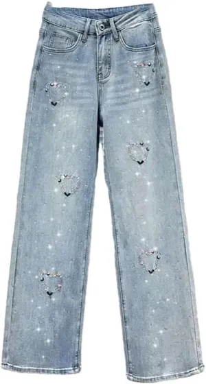 Women's Jeans Heart Embroidered Flower Wreath Diamond Blue Korean Causal Style Denim Pants