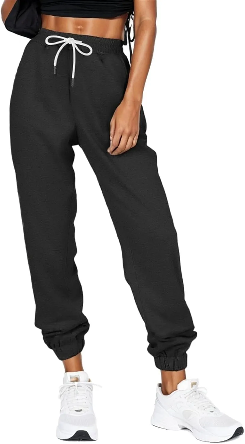 Womens Joggers with Pockets Elastic High Waisted Fleece Sweatpants Y2k Drawstring Athletic Lounge Sweat Pants