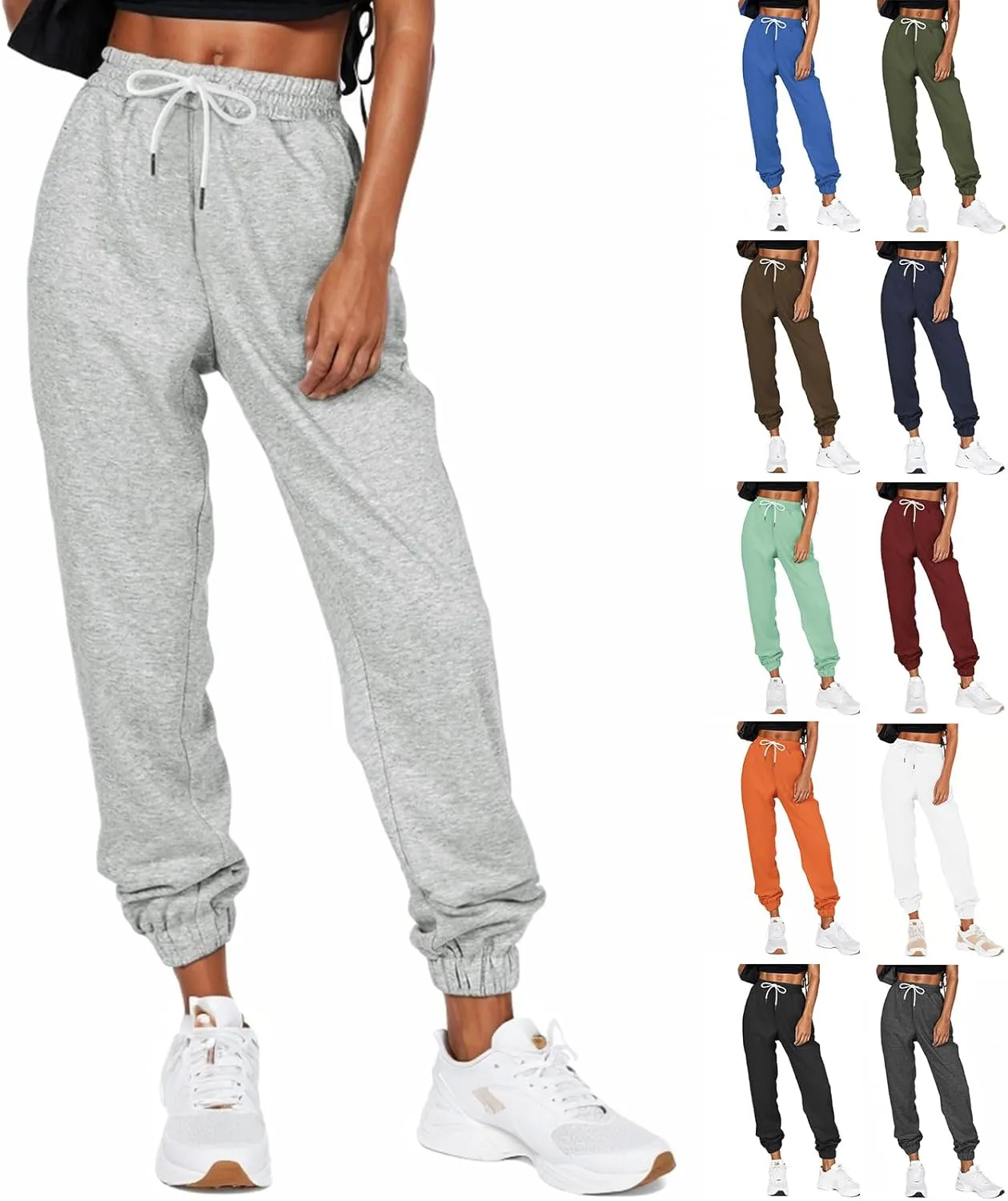 Womens Joggers with Pockets Elastic High Waisted Fleece Sweatpants Y2k Drawstring Athletic Lounge Sweat Pants