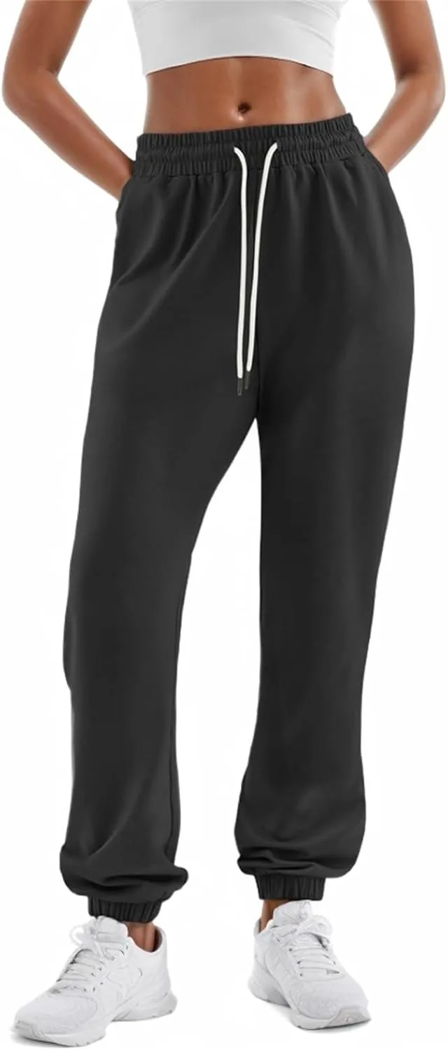 Womens Joggers with Pockets Elastic High Waisted Fleece Sweatpants Y2k Drawstring Athletic Lounge Sweat Pants