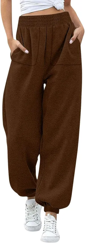 Womens Joggers with Pockets Fleece Baggy Sweatpants Elastic High Waisted Lounge Pants Workout Athletic Ankle Pants