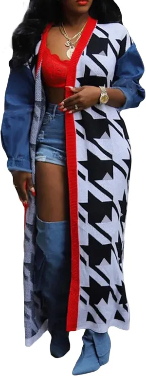 Women's Long Cardigan Sweaters Long Sleeve Houndstooth Open Front Casual Loose Knit Outerwear Coats