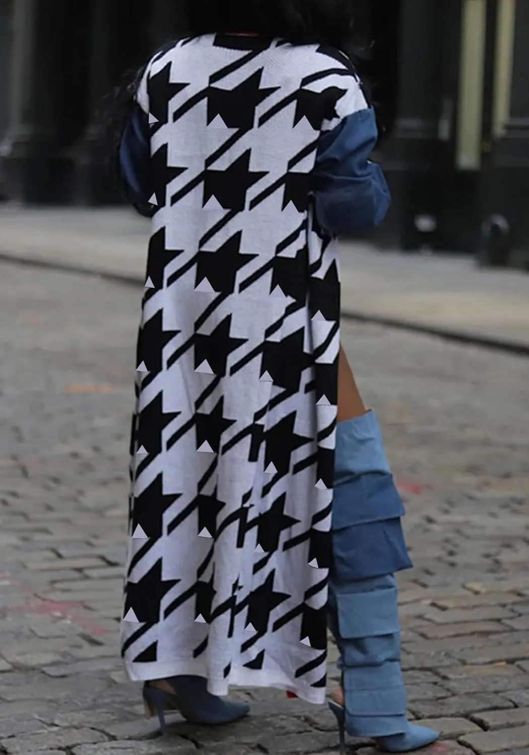 Women's Long Cardigan Sweaters Long Sleeve Houndstooth Open Front Casual Loose Knit Outerwear Coats