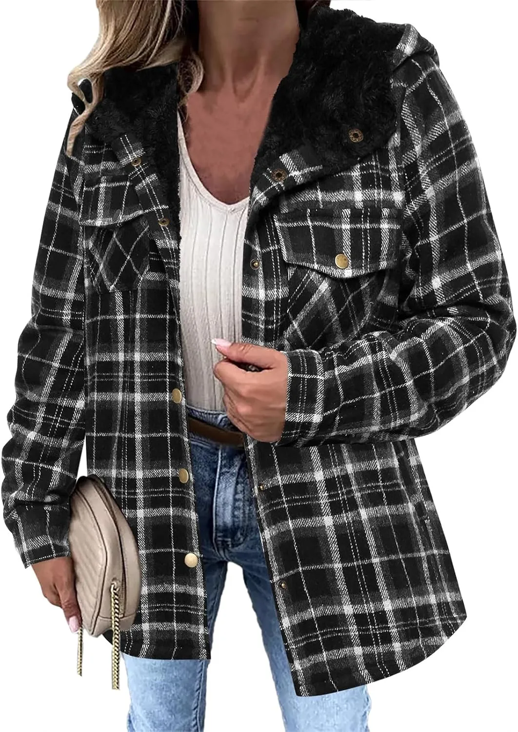 Women's Long Sleeve Plaid Sherpa Lined Hooded Jacket Warm Winter Outerwear With Pockets Stylish And Comfortable Coats